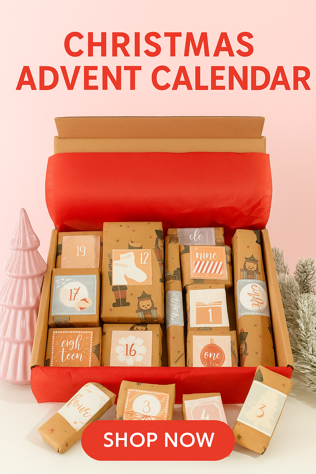 Open Christmas advent calendar with red flap on a pink background