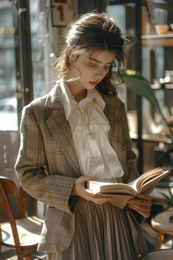 Light Academia style clothes and accessories inside a mysterious box, blending vintage charm with modern elegance