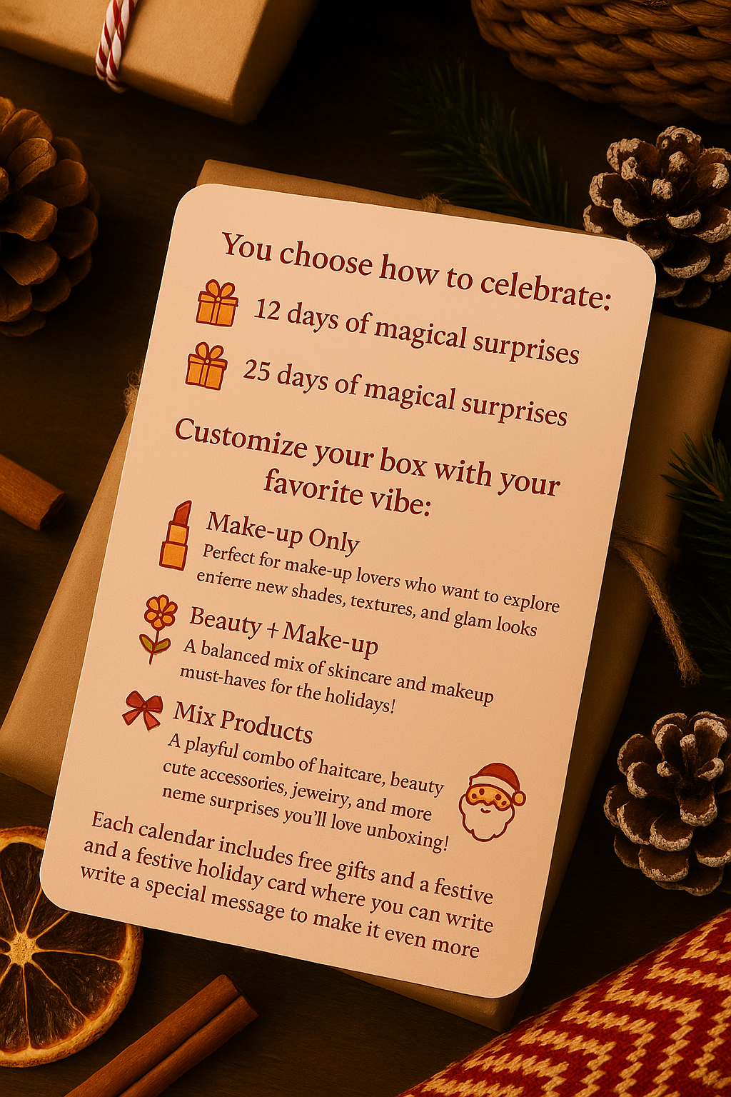 Product packaging with text and illustrations on a festive background with pine cones and oranges.