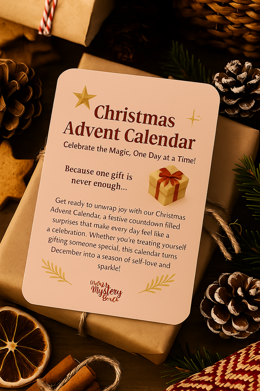 Christmas Advent Calendar card with festive decorations on a wooden surface
