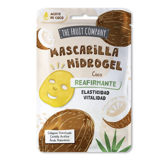 Packaging of Coconut Hydrogel Facial Mask by The Fruit Company with an image of a smiling face, coconuts, and the text highlighting firming, elasticity, and vitality features.