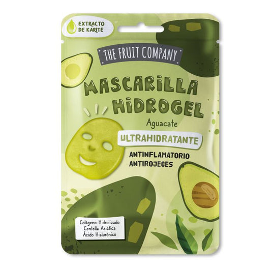 Packaging of The Fruit Company's Avocado Hydrogel Facial Mask featuring a smiling avocado face and illustrations of avocados and leaves in green tones.