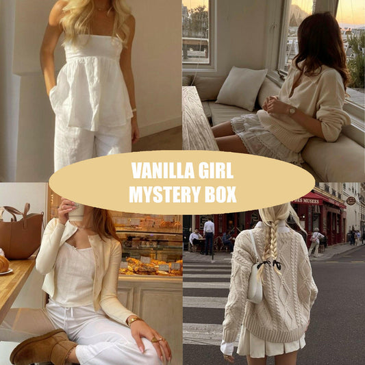 Collage of a woman in various outfits with 'Vanilla Girl Mystery Box' text overlay.
