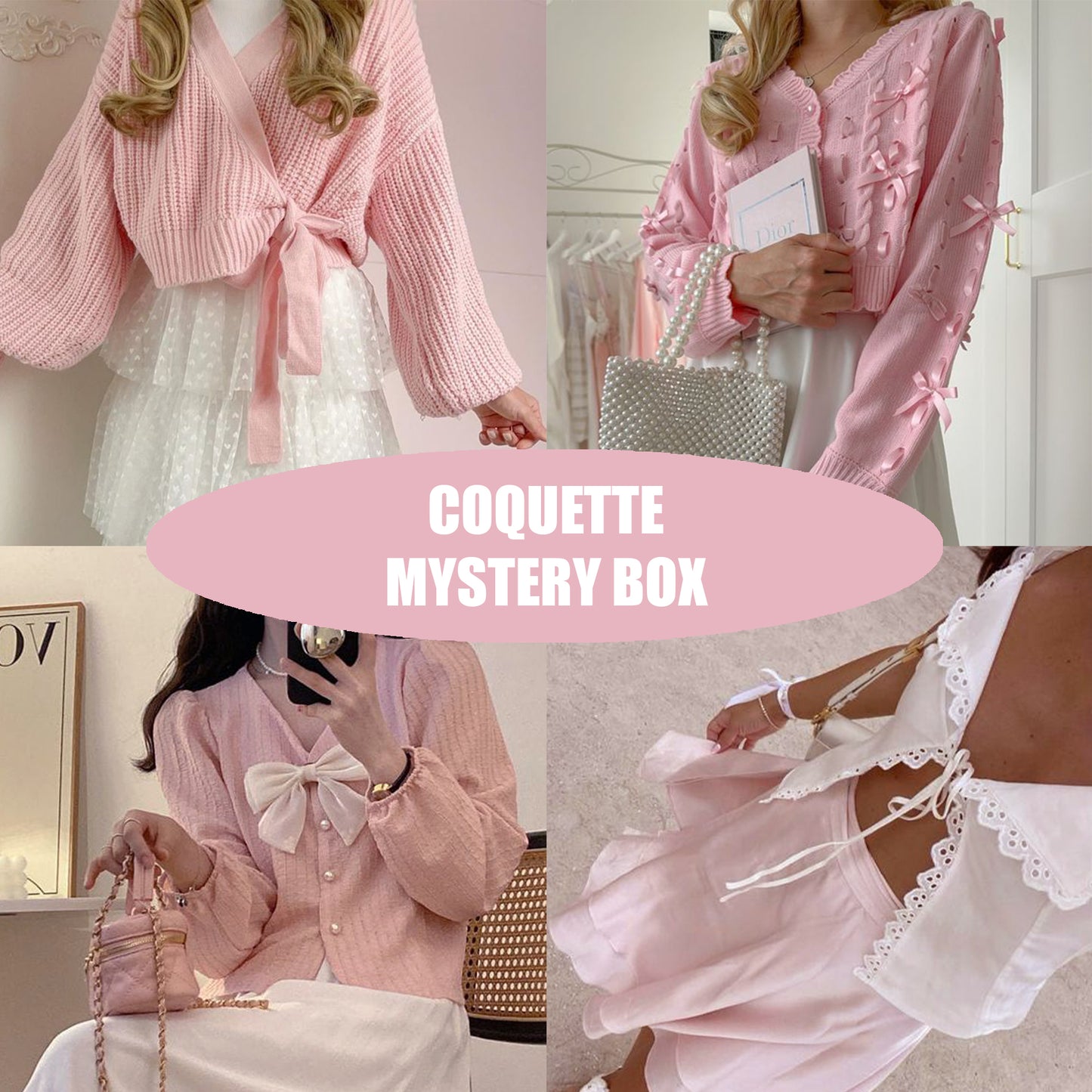 A collage of items from a Coquette Mystery Box, showcasing a pink striped shirt, white lace skirt, and other accessories.