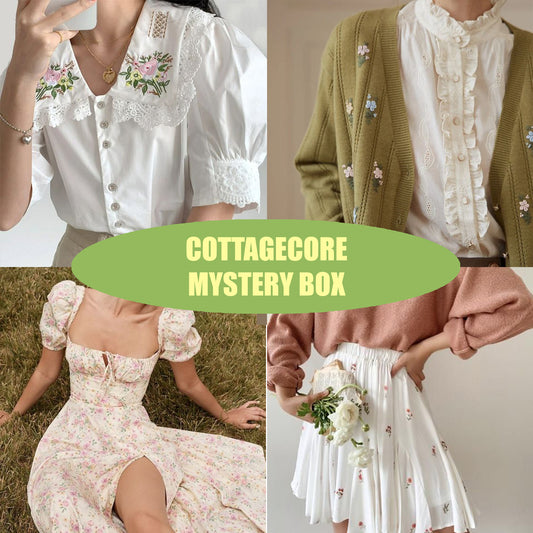 A collage of various items including clothing, jewelry, and a mug with the text 'COTTAGECORE MYSTERY BOX', representing the contents that could be included in the mystery box.
