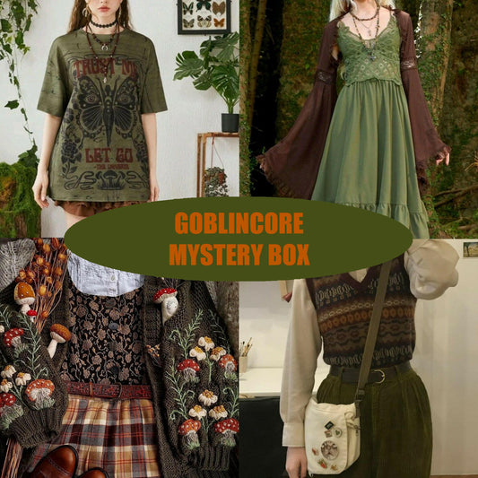 Collage of clothing items with 'Goblincore Mystery Box' text overlay
