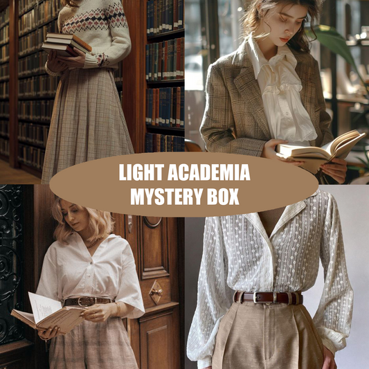 Light Academia style clothes and accessories inside a mysterious box, blending vintage charm with modern elegance