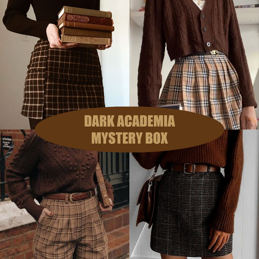 Dark Academia style mystery box containing clothes and accessories for a sophisticated, vintage-inspired look