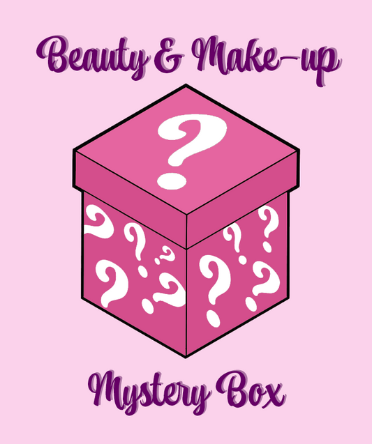 A pink Beauty & Make-up Mystery Box with question marks on it, indicating a surprise contents inside.