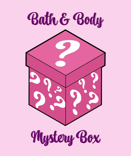Pink mystery box with question marks and 'Bath & Body Mystery Box' text on a pink background
