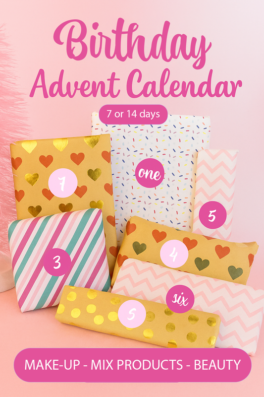 Birthday advent calendar with numbered packages on a pink background
