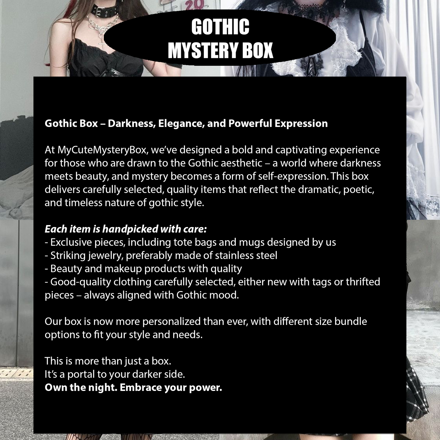 Gothic mystery box featuring unique clothes and accessories for a stylish, dark fashion look