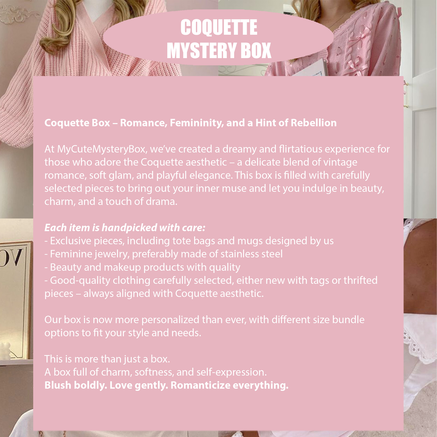 Pink promotional box for a mystery box subscription with text and vintage romance theme.