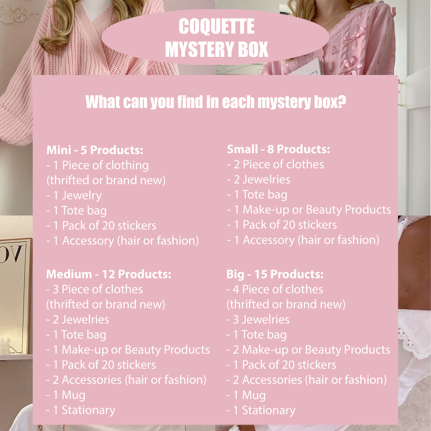 Promotional image for a mystery box with product details on a pink background.
