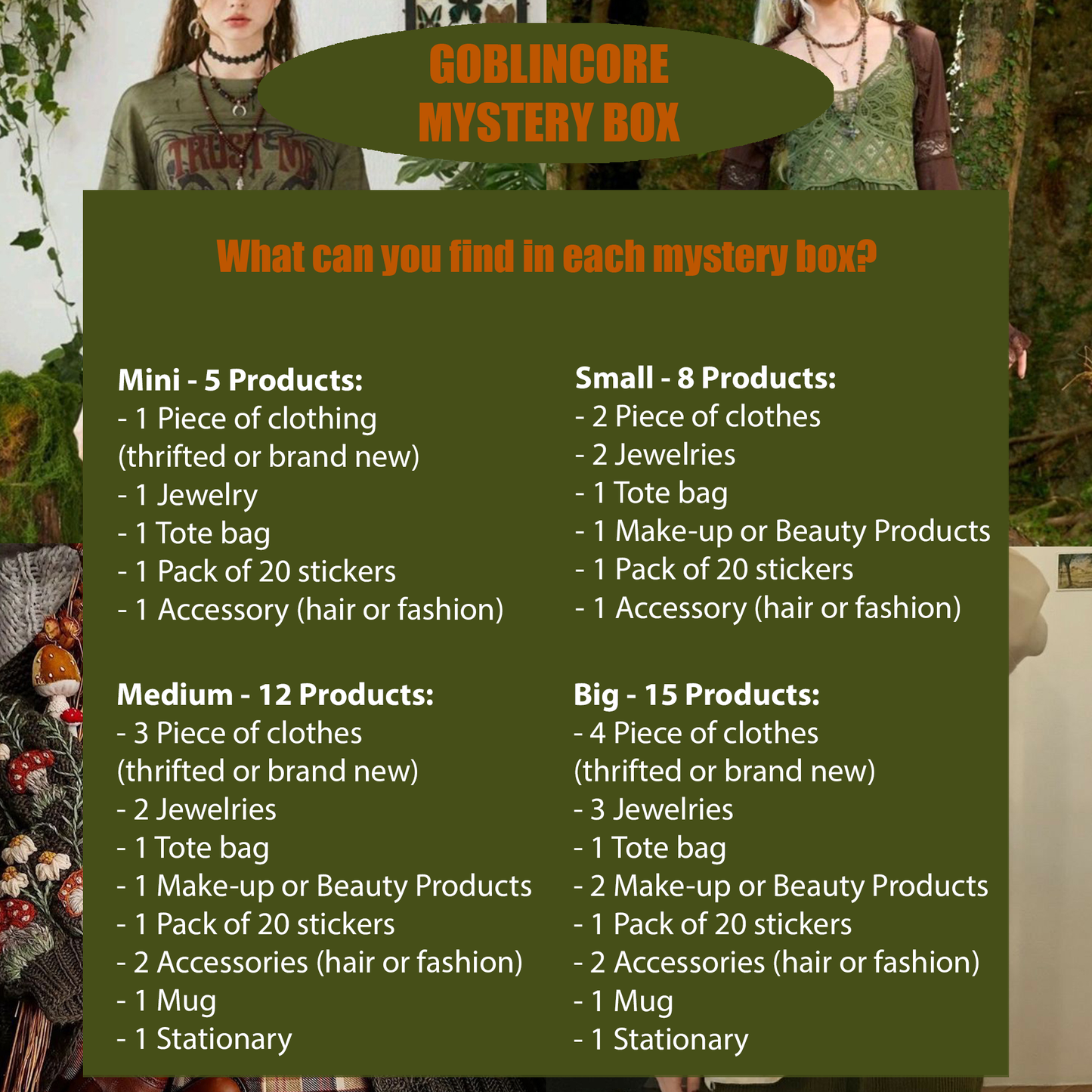 Product display with clothing and accessories in a forest setting.