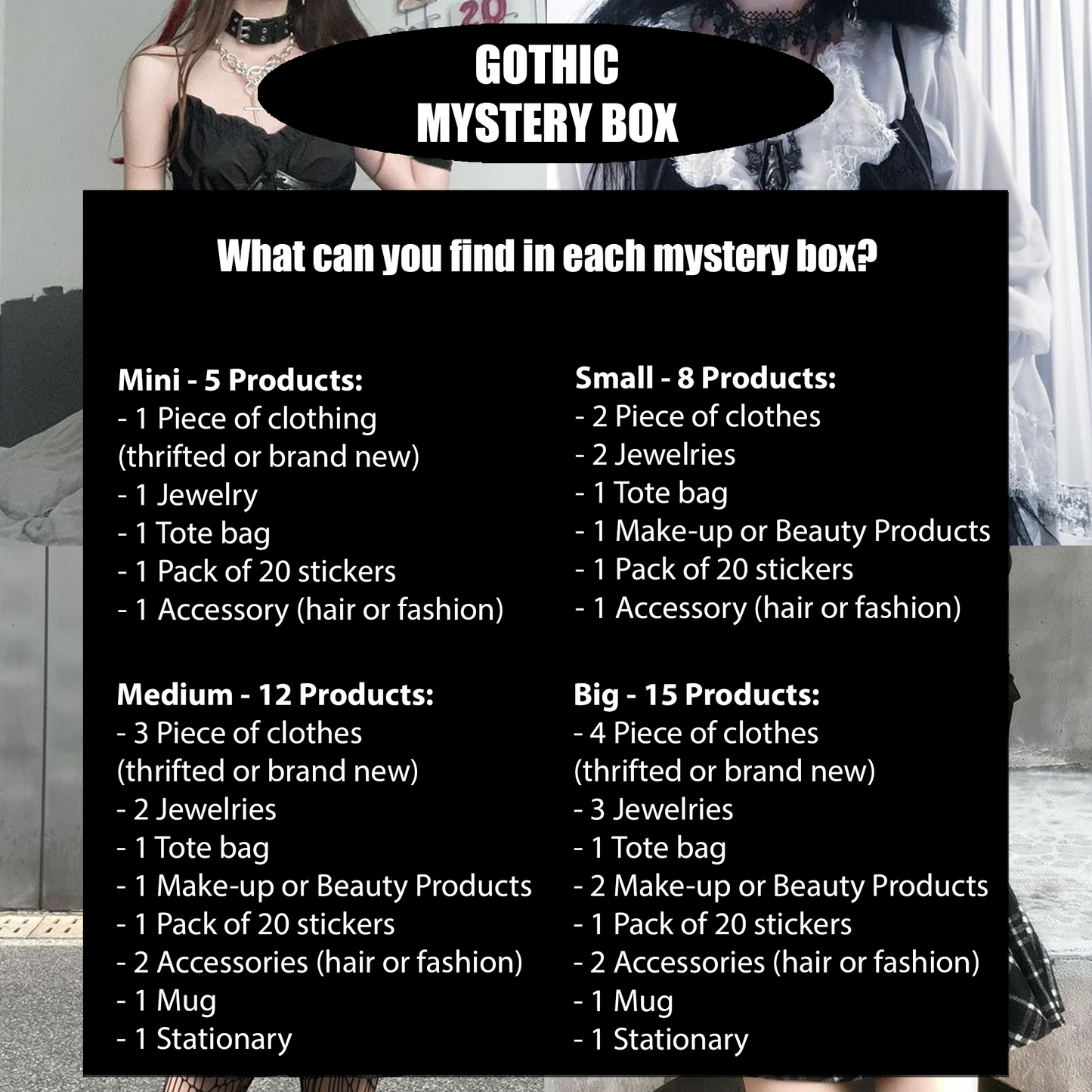 Gothic mystery box featuring unique clothes and accessories for a stylish, dark fashion look