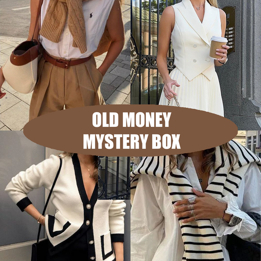 Collage of various outfits and accessories with the text 'OLD MONEY MYSTERY BOX' across the center.