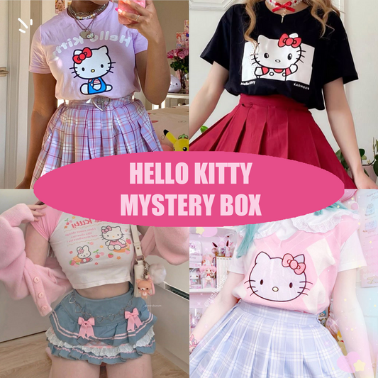 Collage of people wearing Hello Kitty-themed clothing with a pink banner labeled 'Hello Kitty Mystery Box'.