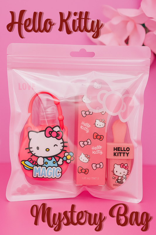 Hello Kitty product set in a clear bag with pink background