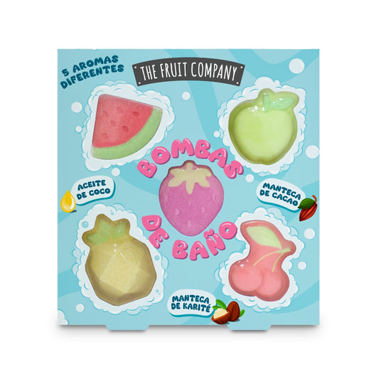 Packaging of bath bombs shaped like fruits with 'The Fruit Company' branding on a blue background.