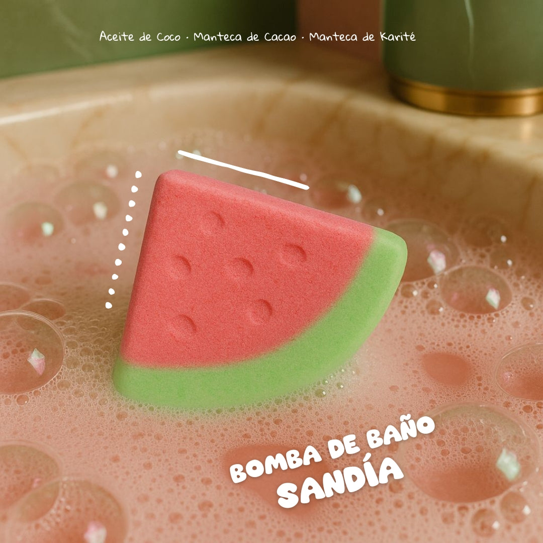 Bath bomb shaped like a watermelon slice in a bathtub with bubbles and text.