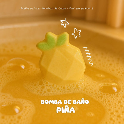 Bath bomb shaped like a pineapple with green leaves on a yellow bath bubble background.