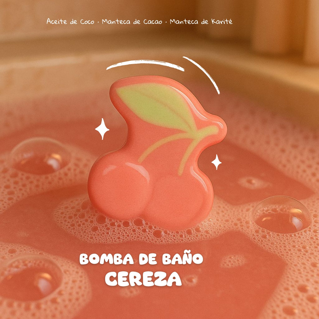 Bath bomb shaped like a cherry with cherry leaf on a brown background