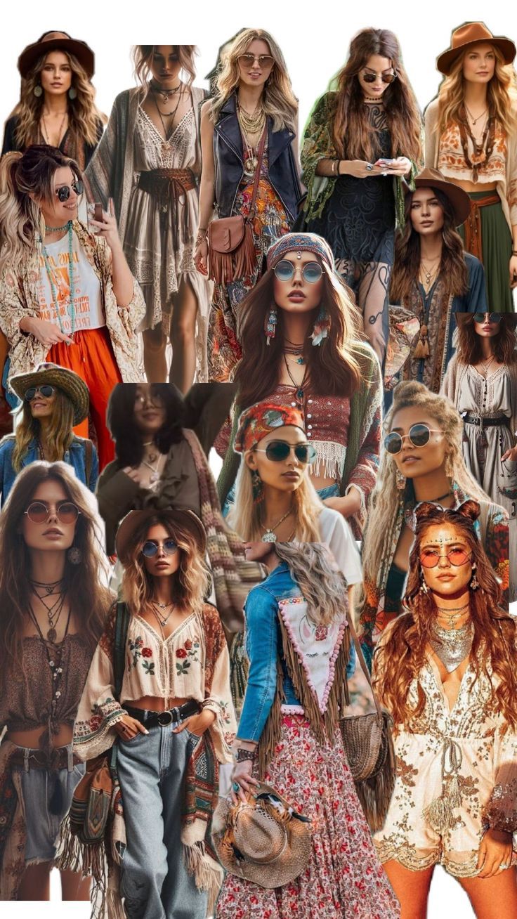 A collage of multiple women modeling bohemian-style outfits, including patterned dresses, layered jewelry, wide-brim hats, and sunglasses, set against a plain white background.
