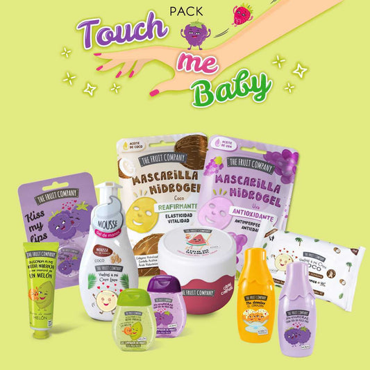 Collection of baby care products with 'Touch me Baby' branding on a green background