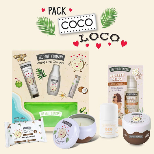 Coco Loco product packaging with various items on a beige background