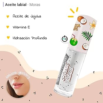 Lip balm packaging with ingredients and benefits on a pink background