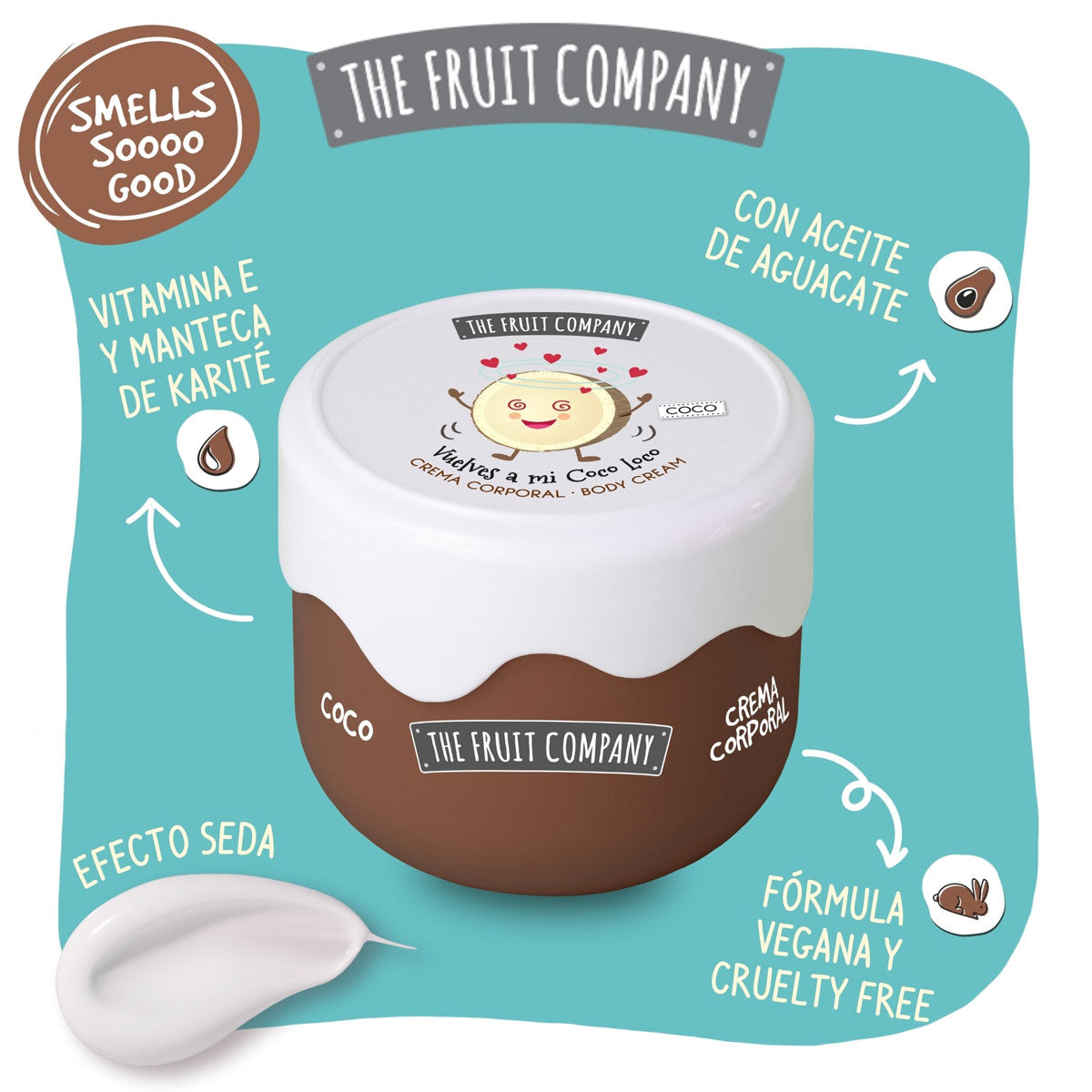 Body cream packaging with 'The Fruit Company' branding on a blue background