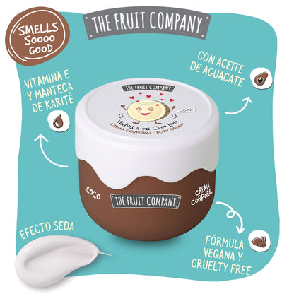 Body cream packaging with 'The Fruit Company' branding on a blue background