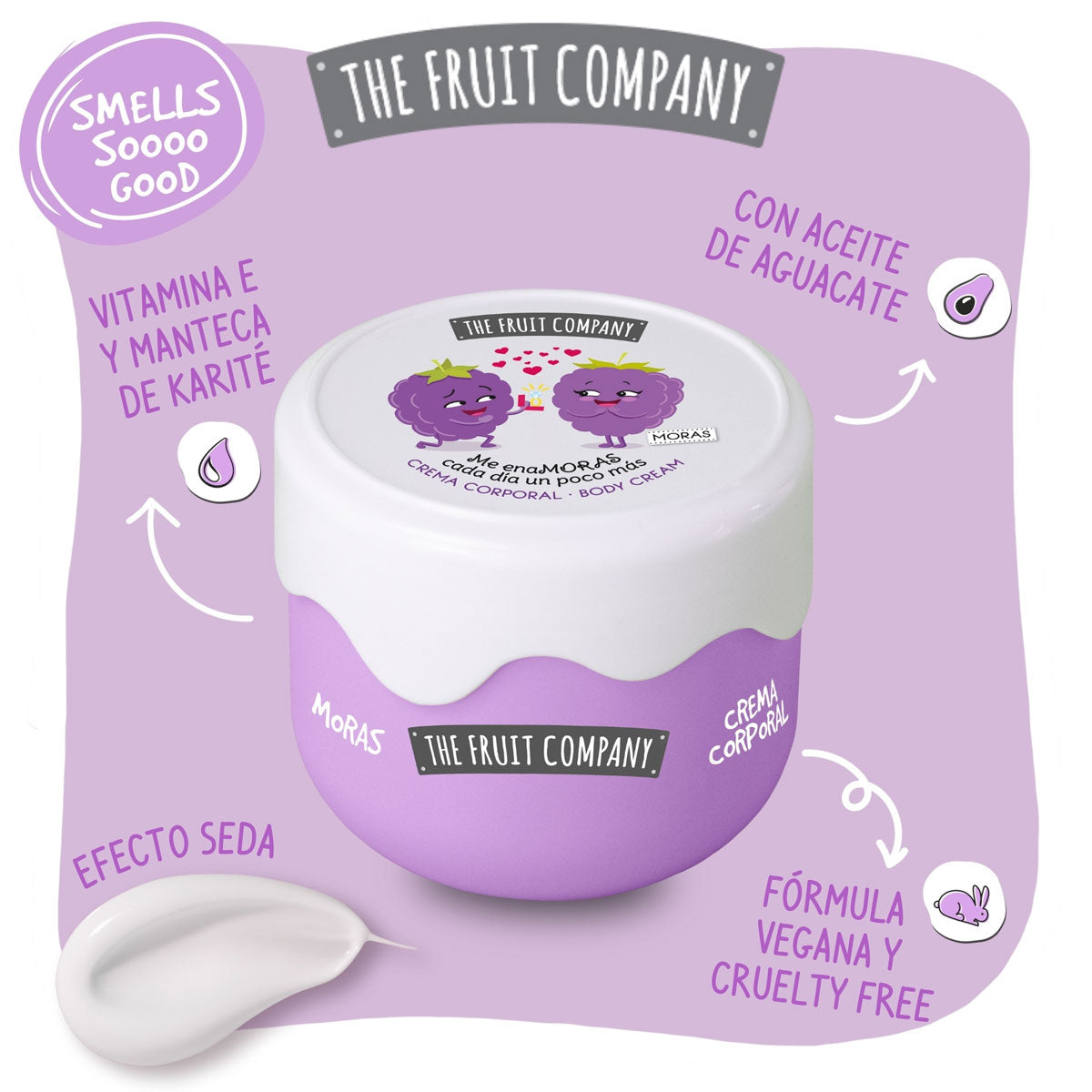 Purple packaging of a cosmetic product from The Fruit Company with cartoon characters on a white background
