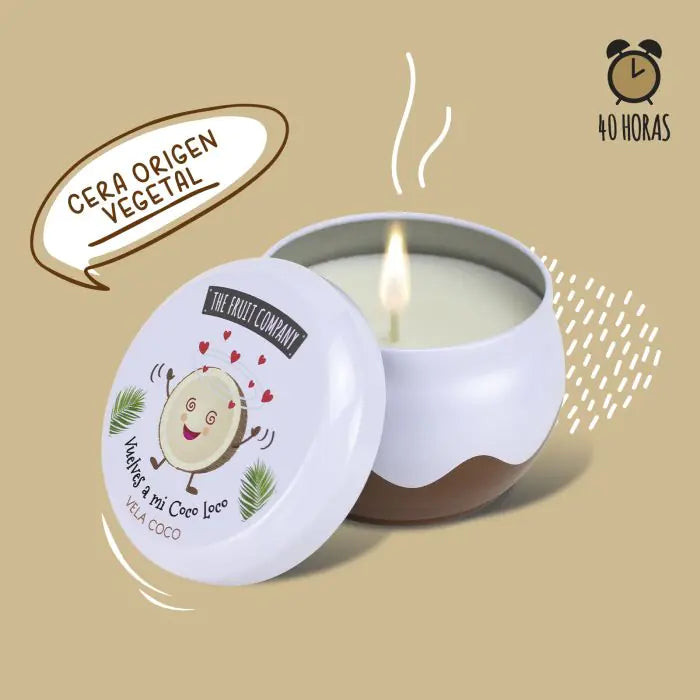 Candle in a tin with 'The Fruit Company' branding on a beige background