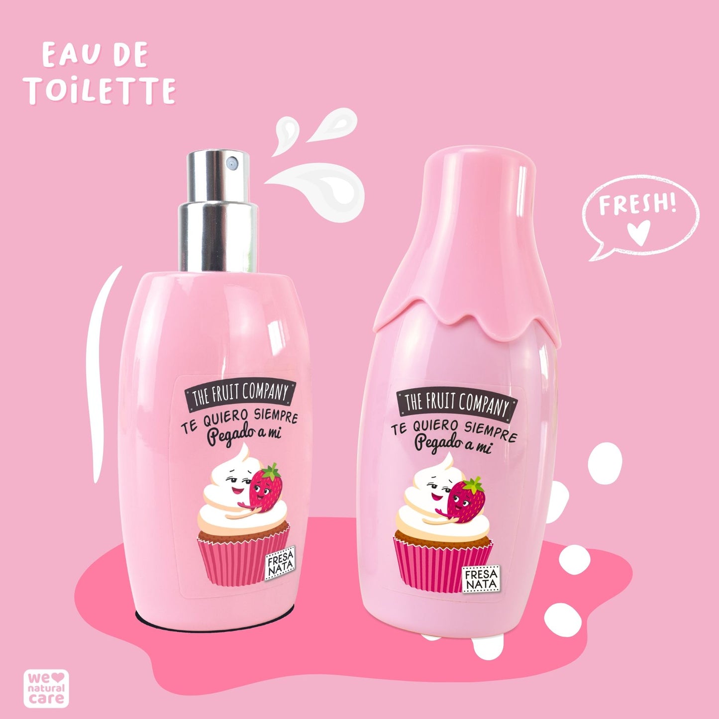 Two pink perfume bottles with a cupcake design on a pink background