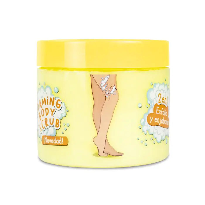 Foaming body scrub yellow packaging with a woman using the scrub on her legs.
