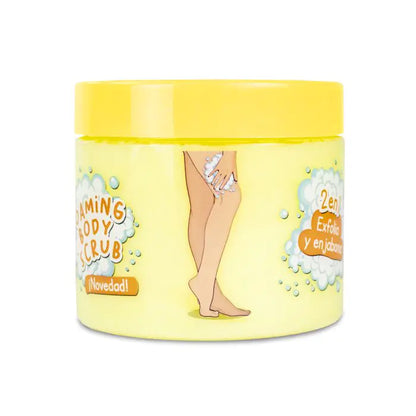 Foaming body scrub yellow packaging with a woman using the scrub on her legs.