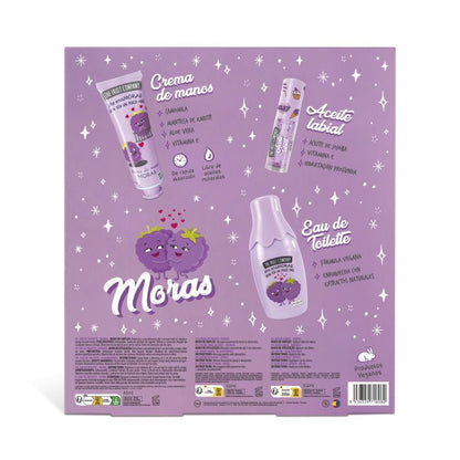 Product packaging with 'Moras' branding on a purple background