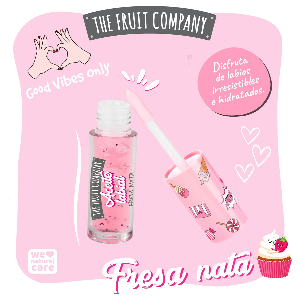 Pink packaging of The Fruit Company lip balm with a straw and cup illustration on a pink background.