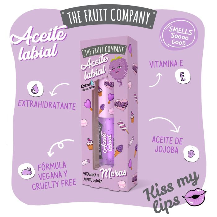 Lip balm packaging with 'The Fruit Company' branding on a purple background