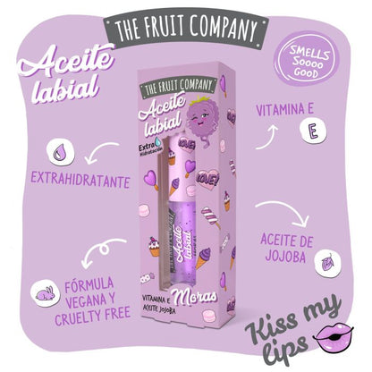 Lip balm packaging with 'The Fruit Company' branding on a purple background