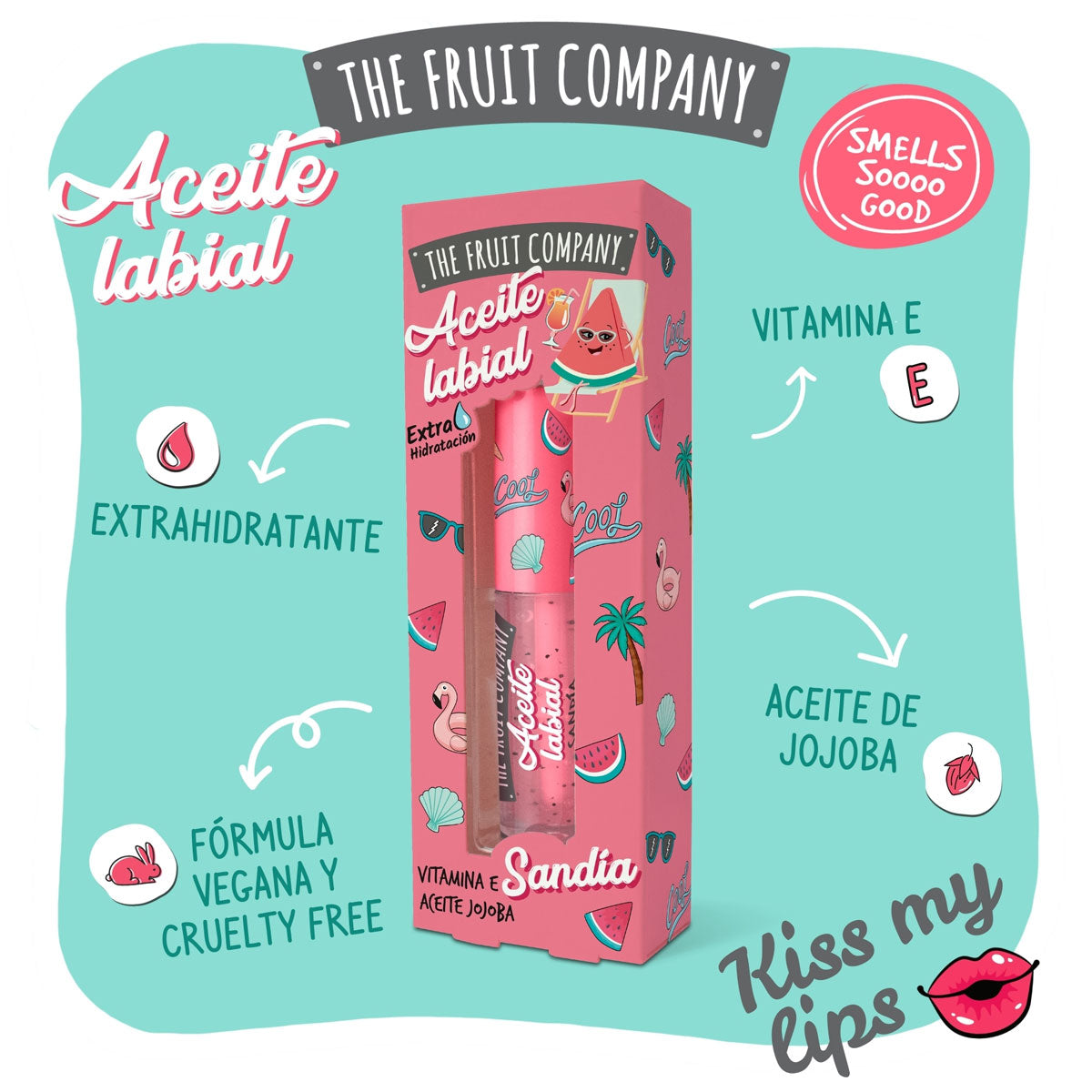 Pink lip balm packaging with 'The Fruit Company' branding on a light blue background