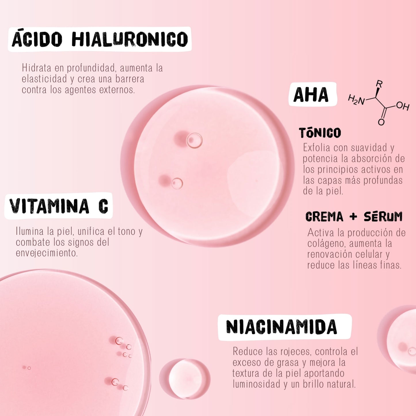 Cosmetic product with pink bubbles on a light pink background, featuring text about skincare ingredients.