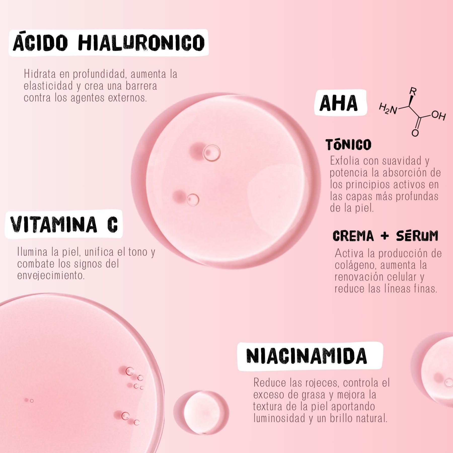 Cosmetic product with pink bubbles on a light pink background, featuring text about skincare ingredients.