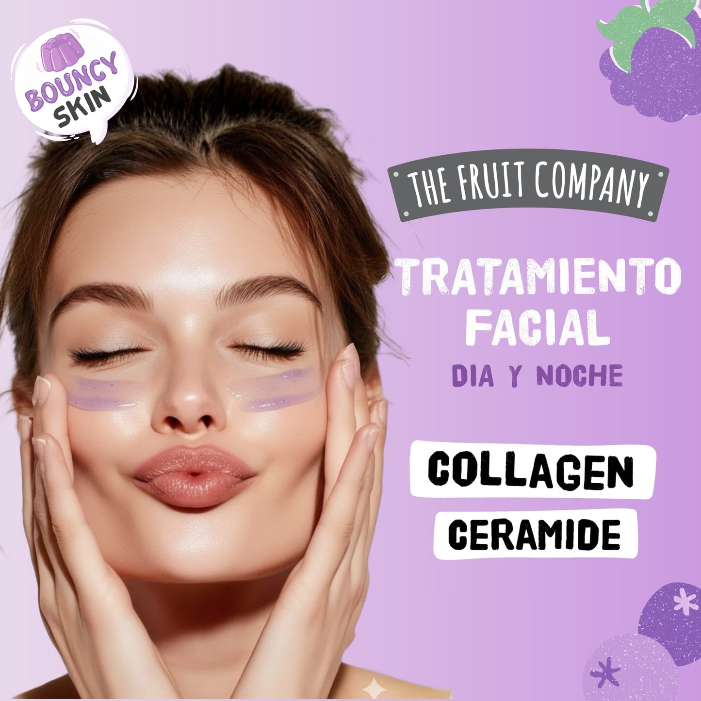 Woman with glowing skin against a purple background with 'Bouncy Skin' and 'The Fruit Company' branding.