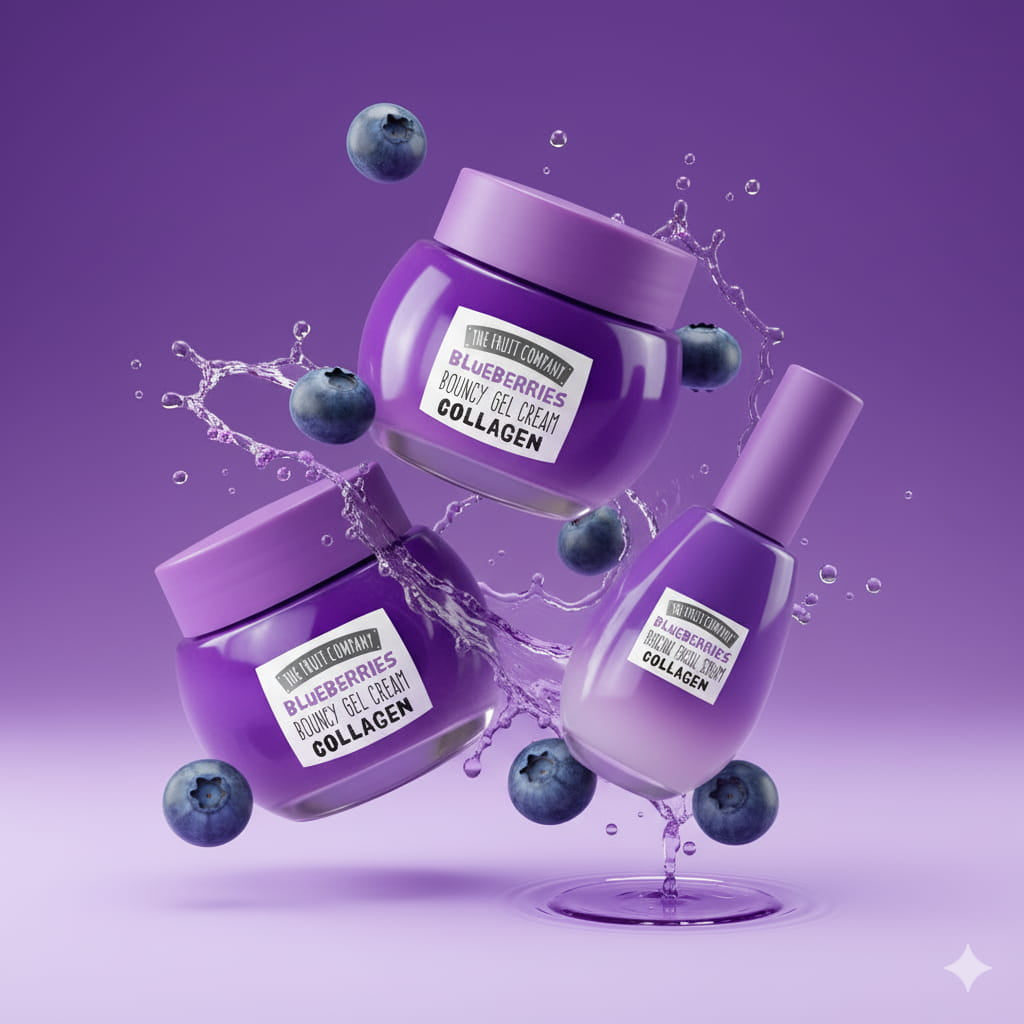 Purple cosmetic jars with blueberries on a purple background