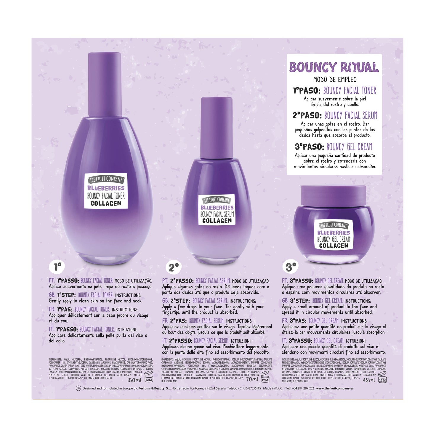 Purple skincare product set with bottles and a jar on a light purple background