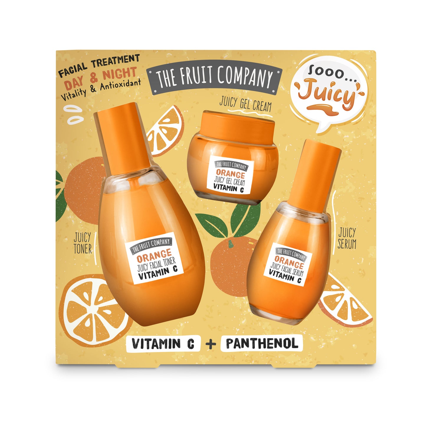 Packaging of The Fruit Company facial treatment set with orange-themed design.