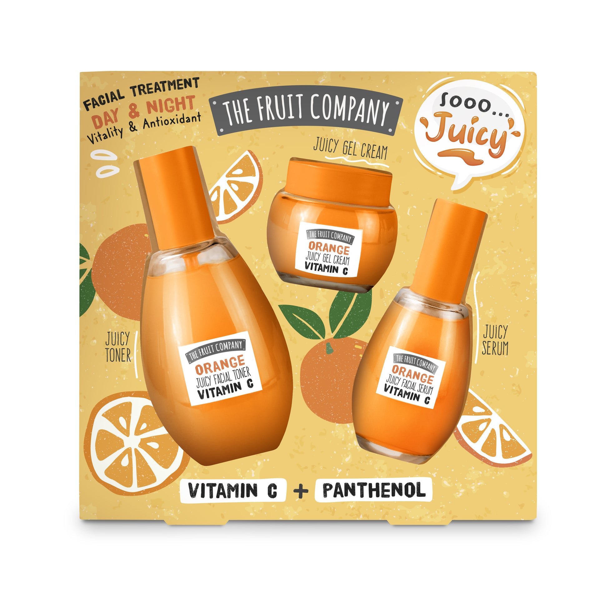 Packaging of The Fruit Company facial treatment set with orange-themed design.